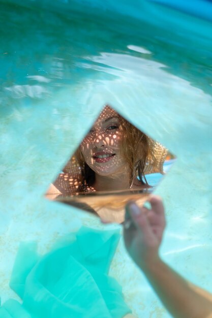 Reflection of woman in mirror while sitting in swimming pool