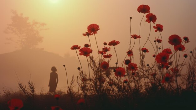 写真 太陽 の 昇る 時 の 赤い 花 の 中 の 反射