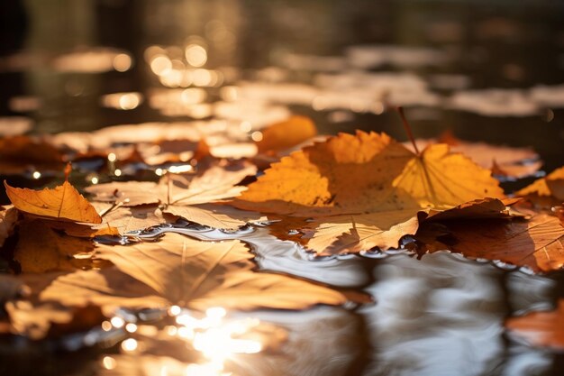 Reflections of Autumn Leaves on Water Surface