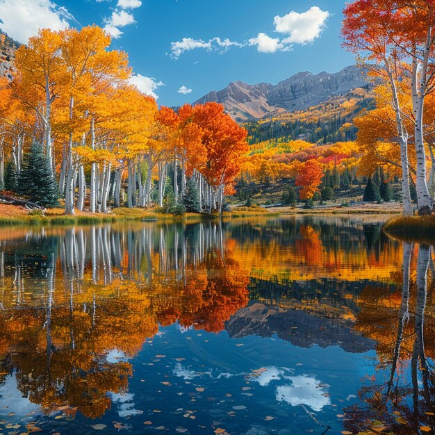 Reflections of autumn trees in a crystalclear lake