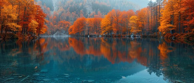 Photo reflections of autumn trees in a crystalclear lake