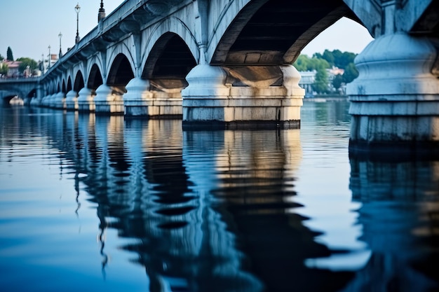 静かな水の中の対照的な橋の反射 テキストの空白の背景