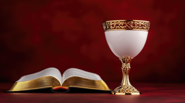 reflections on faith an open bible and ornate chalice create a solemn atmosphere in rich dark red light