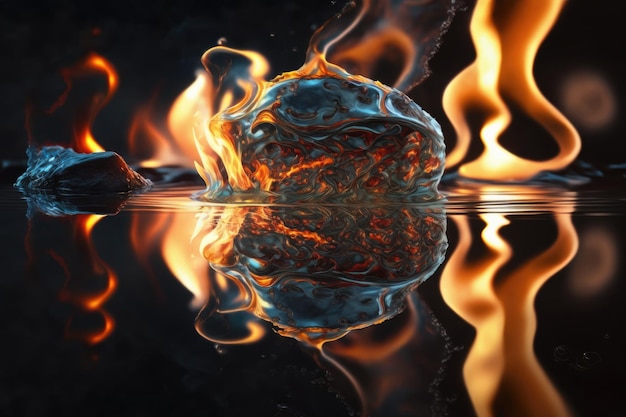 Reflections of fire flames in a pool of water