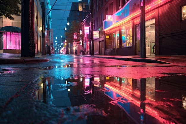 Reflections of neon lights on wet pavement created with generative ai