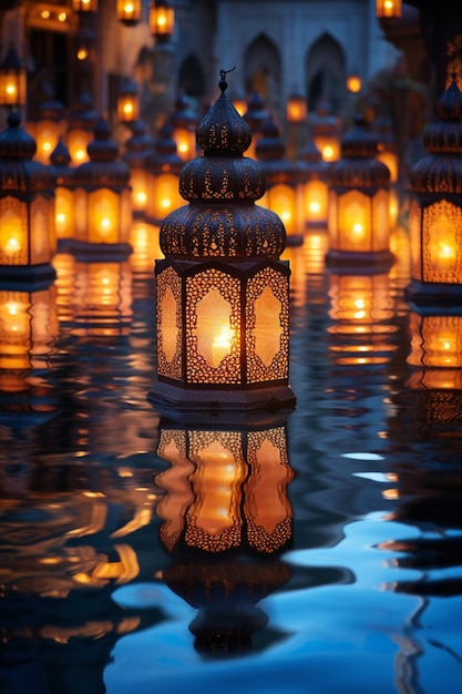 the reflections of Ramadan lanterns in water