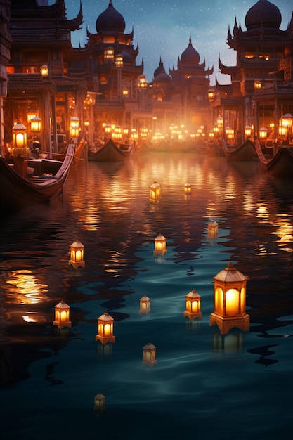 the reflections of Ramadan lanterns in water