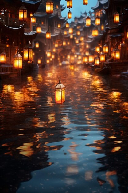 the reflections of Ramadan lanterns in water