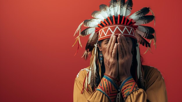 Reflections of Regret Native American Man Conveying Remorse Isolated Against Solid Background with Copy Space