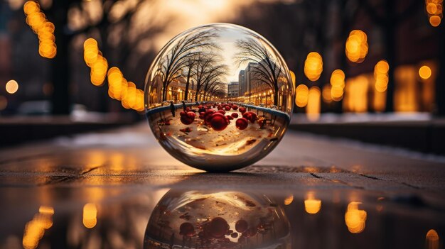 Photo reflections of the surroundings in christmas baubles on wood celebration