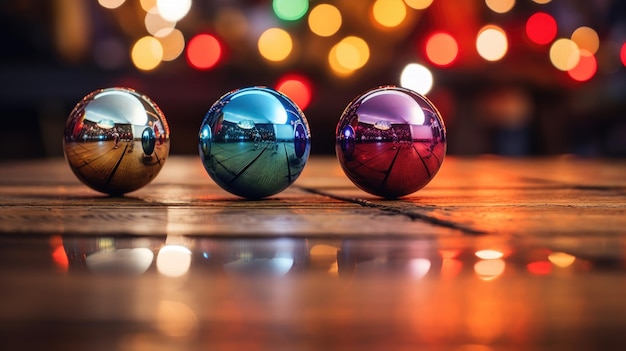 Reflections of the surroundings in christmas baubles on wood xmas