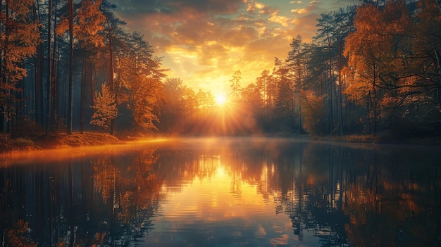 Reflections of Trees in Water at Sunset