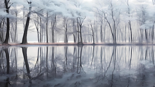 Reflections of winter trees in a calm lake