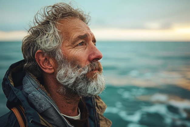 Reflective Elderly Seaman Gazing Towards the Sea at Sunset