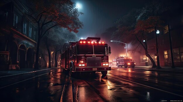 Photo reflective emergency lights wet pavement firefighting commitment striking imagery safety preparedness generated by ai