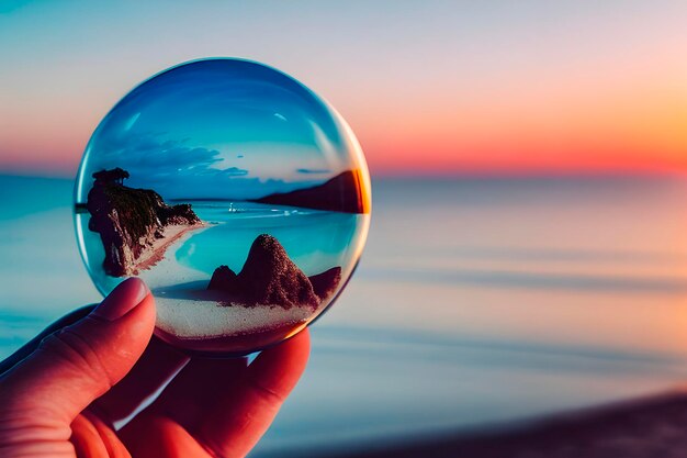 the reflective glass crystal ball of the scene by which the glass ball was laid or hold