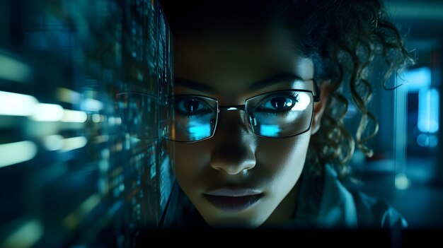 Фото Отражающий взгляд на код в очках этнической женщины