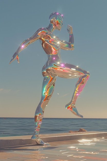 A reflective humanoid figure dances dynamically by the sea capturing the effervescent spirit