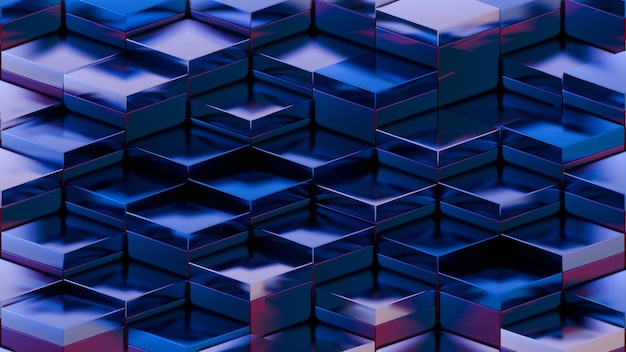 reflective metallic cubes in blue and red tones