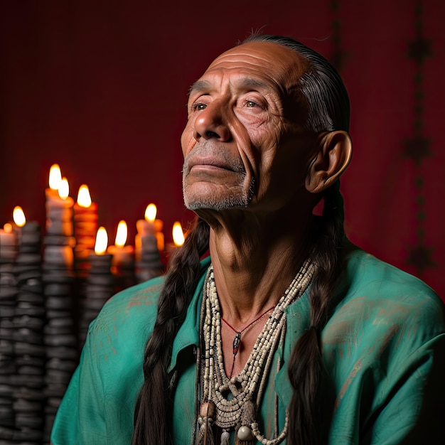 Reflective Native American Man Contemplating Against Teal Backdrop