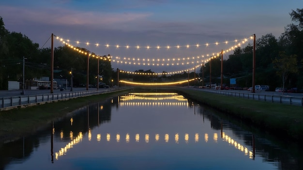 Reflective photography of string lights above river