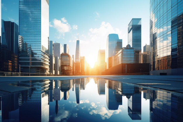 Reflective Skyscrapers Business office buildings Reflective skyscrapers business office buildings low angle view of skyscrapers in city sunny day Business wallpaper Ai generated