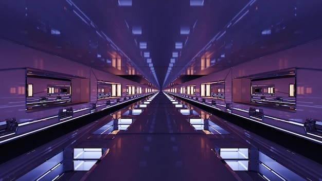 Photo reflective tunnel with violet illumination 4k uhd 3d illustration