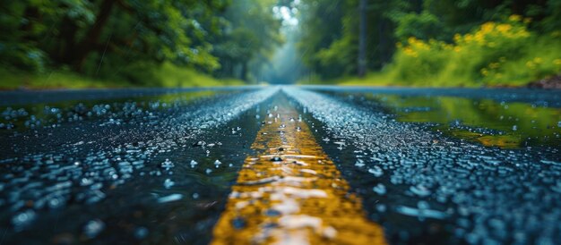Reflective Wet Road Through Forest