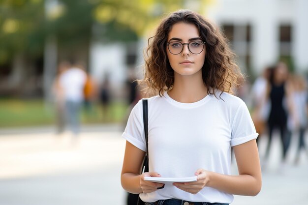 Photo reflective young woman preparing for university on campus green