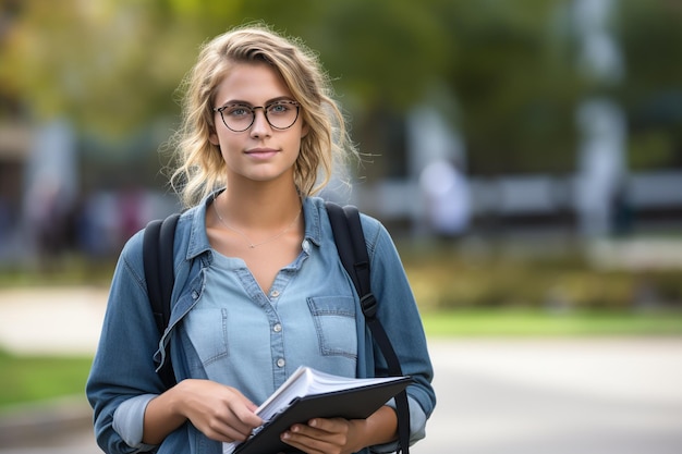 Photo reflective young woman preparing for university on campus green