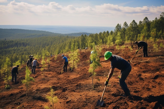 生態系を回復するためにボランティアが木を植える森林再生プロジェクトが進行中です