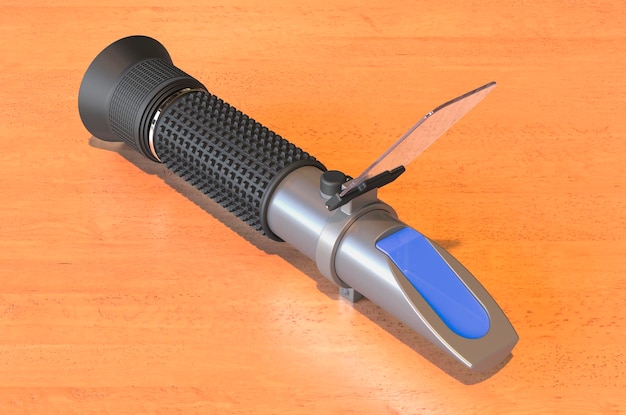 Refractometer on the wooden table 3D rendering