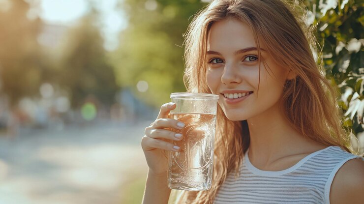 Photo refreshed smiling woman hydrating outdoors hot summer day