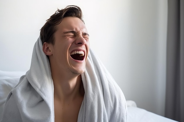 Refreshed young man using a bath towel after a shower