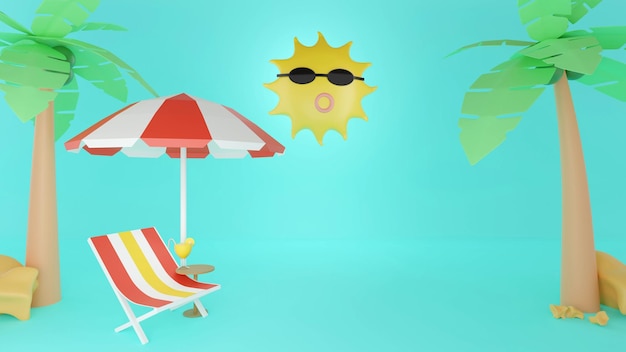 Foto rinfrescante modello di vendita estiva 3d con simpatici oggetti da spiaggia e illustrazione del concetto di vacanza sull'isola di nuoto