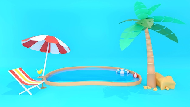 Foto rinfrescante modello di vendita estiva 3d con simpatici oggetti da spiaggia e illustrazione del concetto di vacanza sull'isola di nuoto