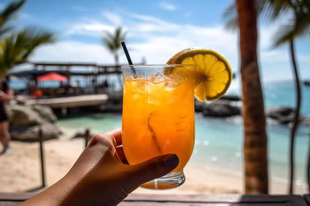 Refreshing beach juice in hands with clear waters and palm trees in the background Generative AI