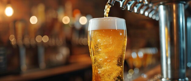 냉각적 인 맥주 가 잔 을 채우고 술집 크레인 이 황금 의 즐거움 을 부어 준다
