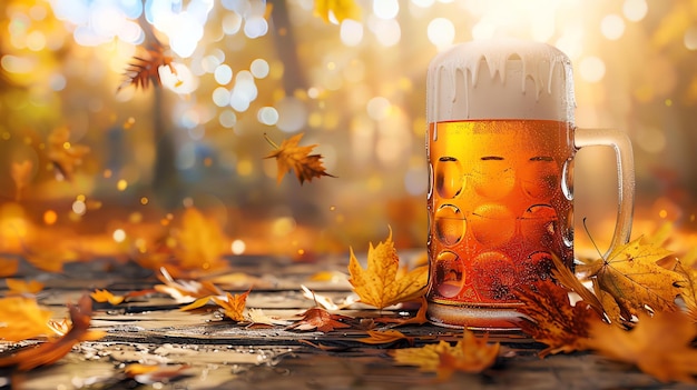 Refreshing beer mug with a cold frothy head sits on a wooden table outdoors in the fall Colorful autumn leaves are falling around the mug