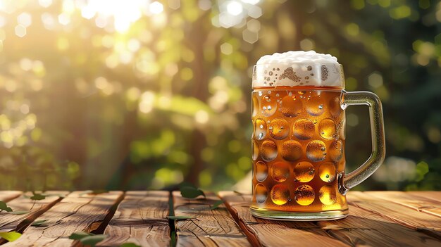 Refreshing beer mug on a wooden table with a blurred background of green leaves