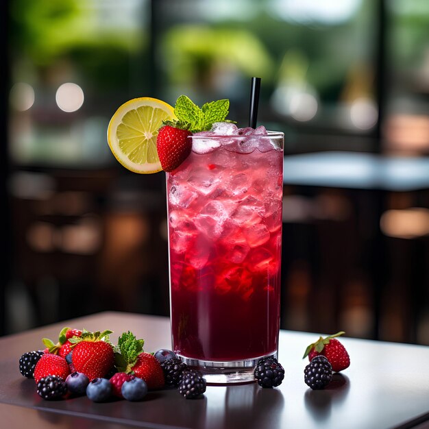 Refreshing berry juice in a glass on a bar table