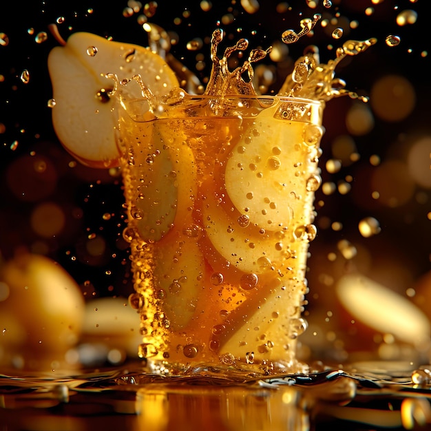 Refreshing beverage splash in glass cold drink with ice closeup shot AI
