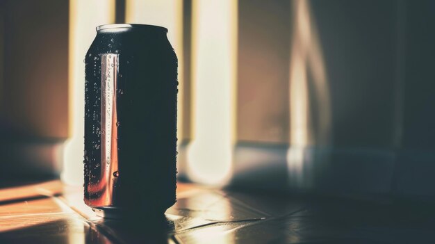 Photo refreshing blank energy drink can at gym with angled view on back