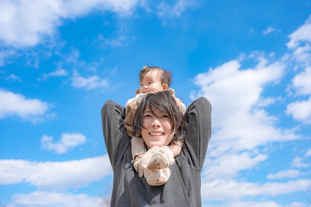 Refreshing blue sky and parent and child