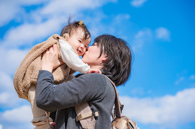 Refreshing blue sky and parent and child