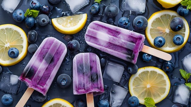 Photo refreshing blueberry lemon popsicles on ice