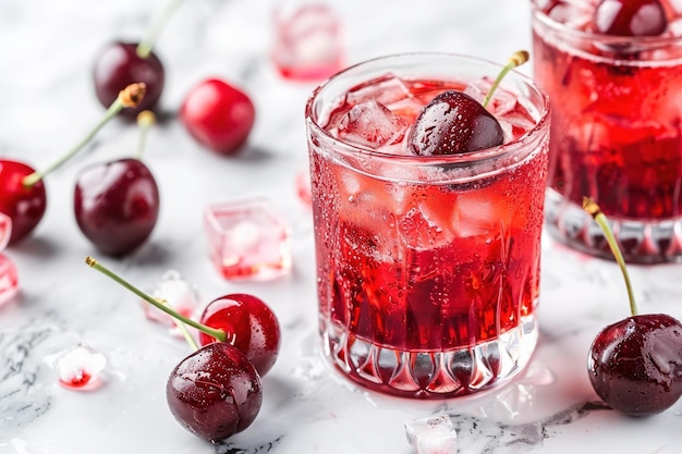 A refreshing cherry mocktail served on ice with fresh cherries