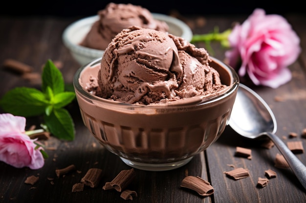 Refreshing chocolate ice cream on the table