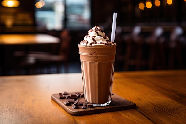 A refreshing chocolate milkshake served over a wooden backdrop