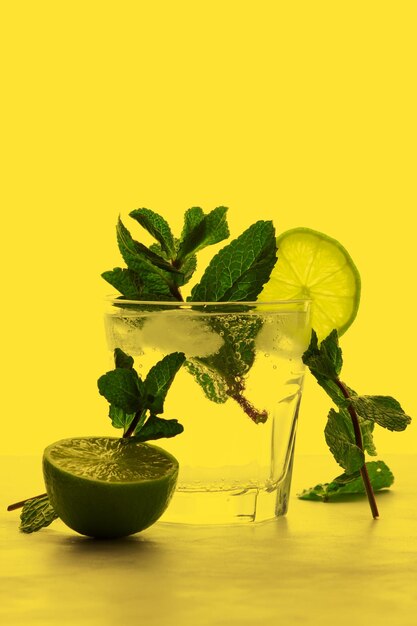 Refreshing citrus cocktail with mint on a bright colored background Healthy citrus summer drink Closeup